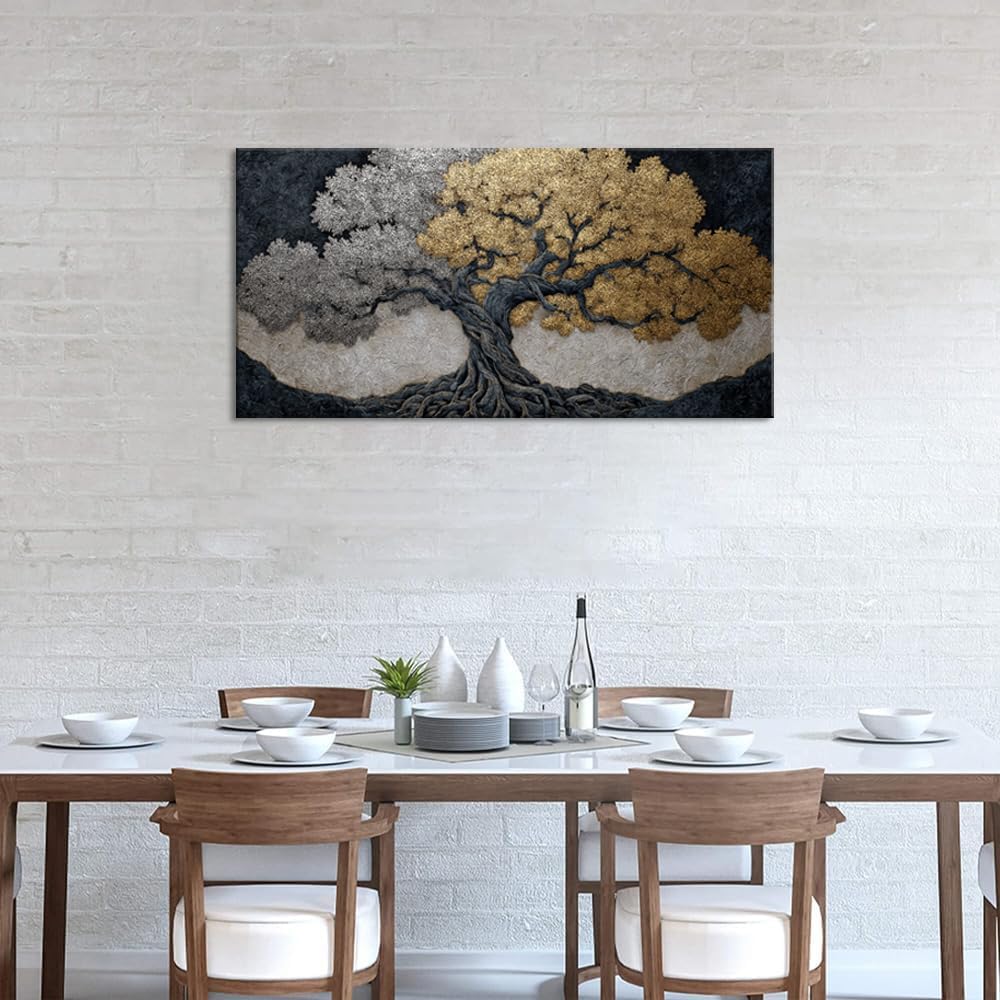 Gold Tree Wall Art for Living Room Office Symbolic dichotomy Metallic Tree of life Painting Prints Modern Abstract Canvas Artwork Dining Bedroom Decor Extra Large (Modern / Silver Gold Tree of life Wall Art / 58L" x 28W")