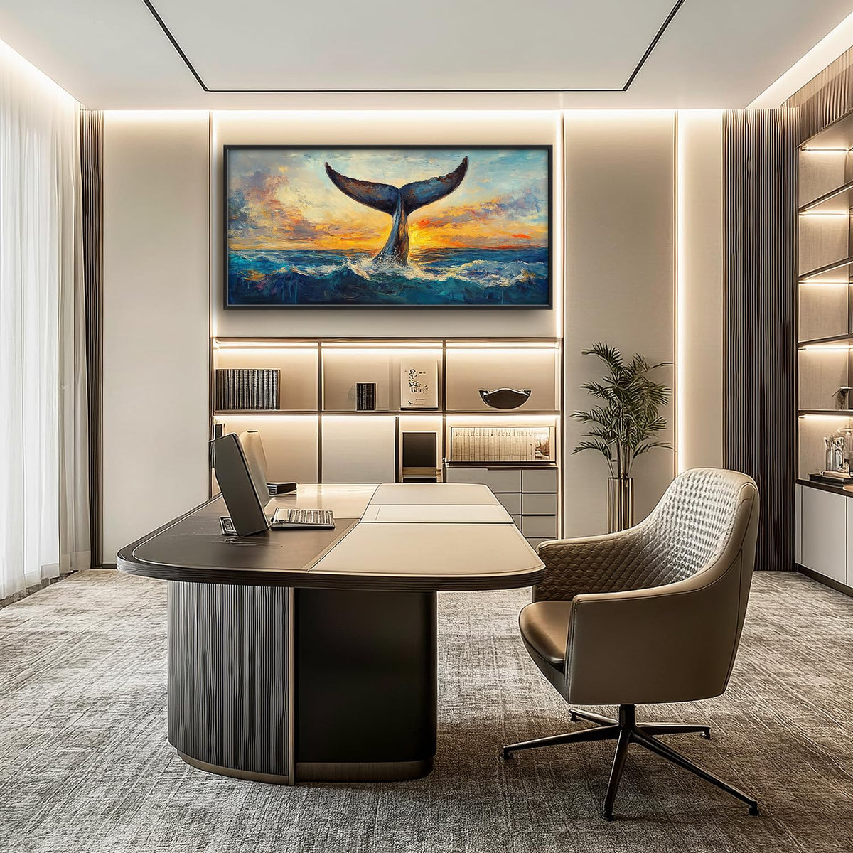Extra Large Whale Tail Framed Wall Art for Living Room (60"L x 30"W / Whale Tail)