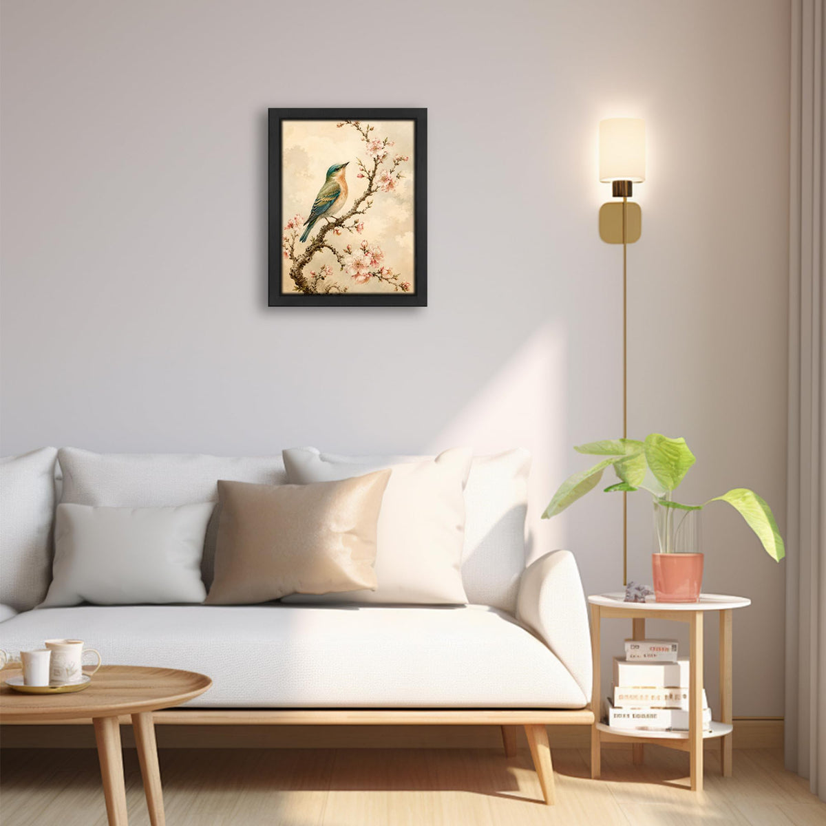 Vintage Bird Floral Decor Wall Art Rustic Cherry Blossom Picture 8"x10" (Wall Art Framed 20 / 10"L x 8"W)
