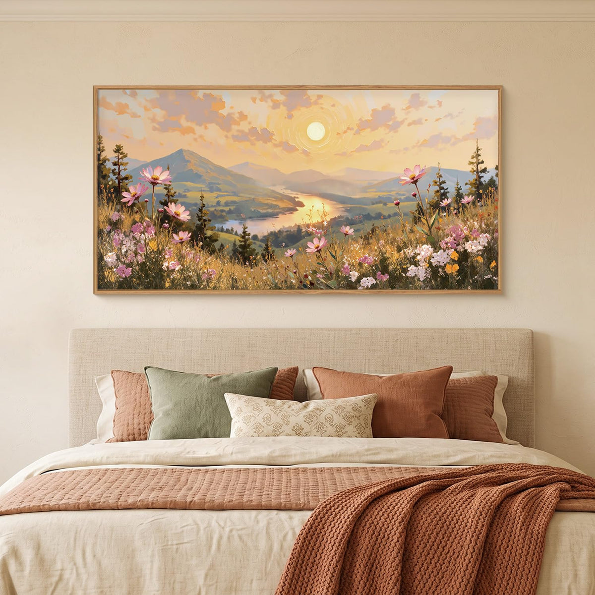 Large Boho Sunset Wildflower Framed Canvas Wall Art (Boho Sunset Wildflower Wall Art / 40"L x 20"W)