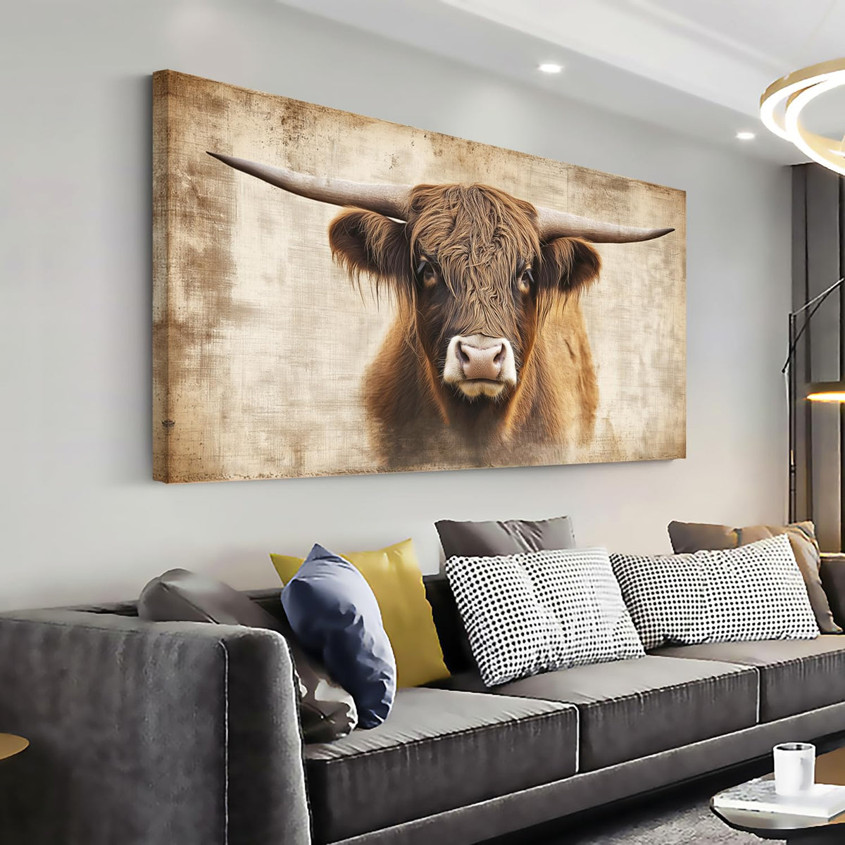 Beige Highland Cow Wall Art for Living Room Office Rustic Scottish Cattle Farmhouse Decor Painting Prints Distressed Canvas Artwork Dining Bedroom Decor Large (Farmhouse / Beige Rustic Cow Wall Art / 46"L x 23"W)