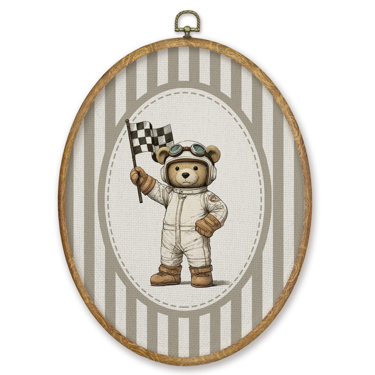 Vintage Racer Bear Nursery Oval Wall Art Decor (Color046)