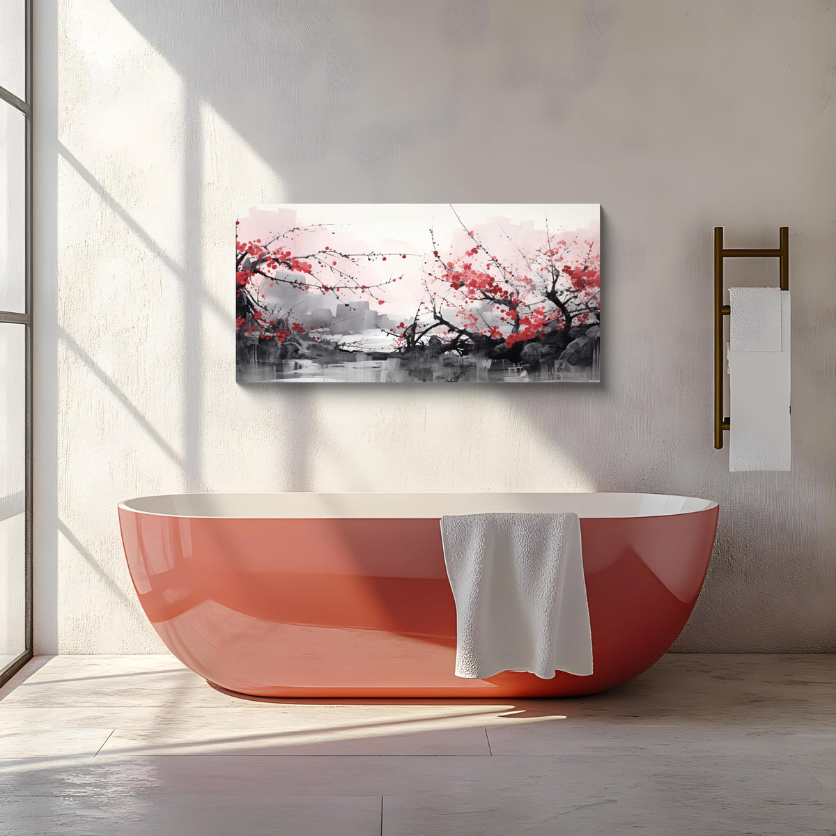 3PCS Asian Ink Style Cherry Blossom Canvas Wall Art Red Plum Flower Landscape Minimalist Zen Nature Scene Oriental Watercolor Artwork for Bedroom Living Room Office or Meditation Space Decor (Red-One Piece-2 / 24x12 inches (1 piece))