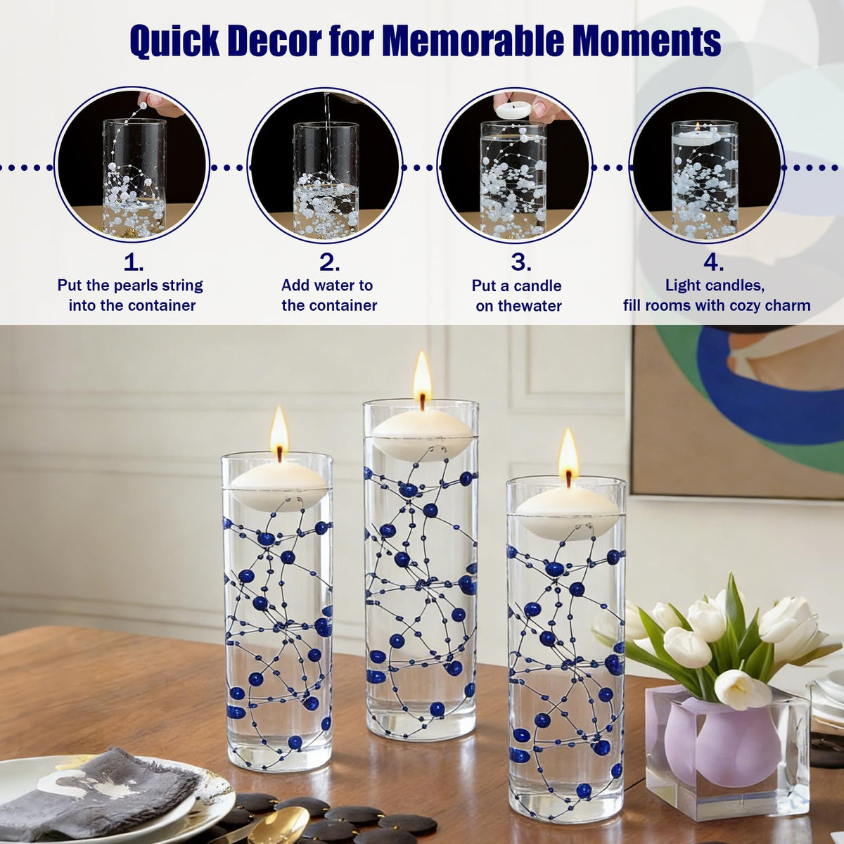 24Pcs Pearl String for Floating Candles Centerpiece (Dark Blue)