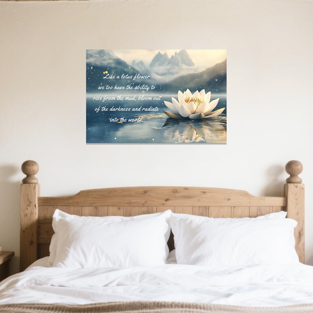 White Lotus Flower Wall Art Lotus Motivational Quotes Zen Decor for Bathroom Yoga Office Flower on Water Pictures Spa Canvas Prints Framed (White / 28" x 42")