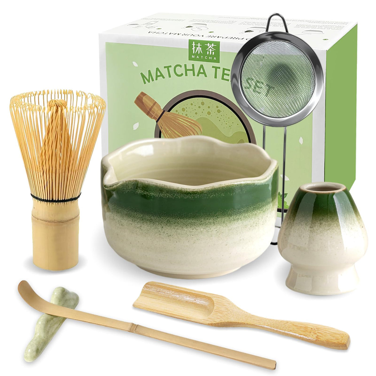 Matcha Set 7PCS Ceramic Matcha Whisk Set for Matcha Tea Ceremony (Gradient Green)