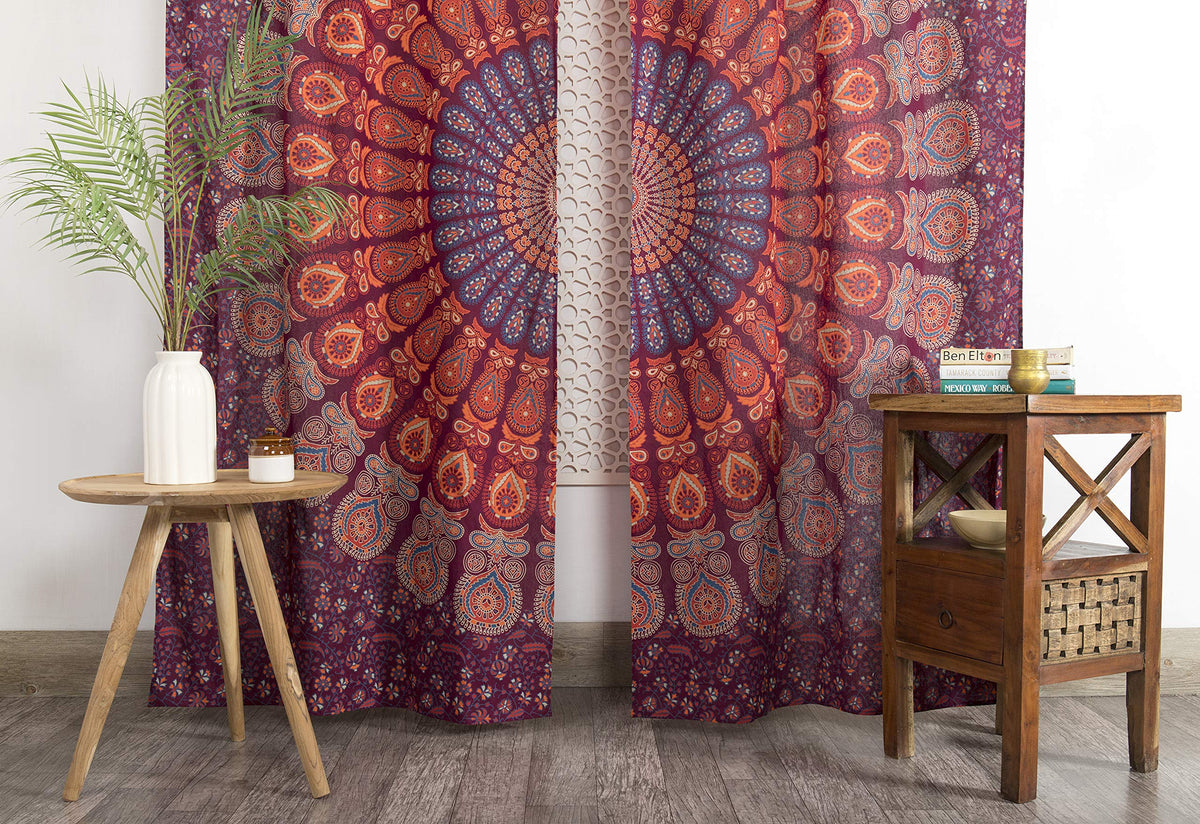 Printed Curtains Panels Set of 2 Indian Hippie Bohemian Beautiful Peacock Mandala Curtain Panels Maroon 42x100 Inch (Maroon / 84"W x 100"L (Pack of 2))