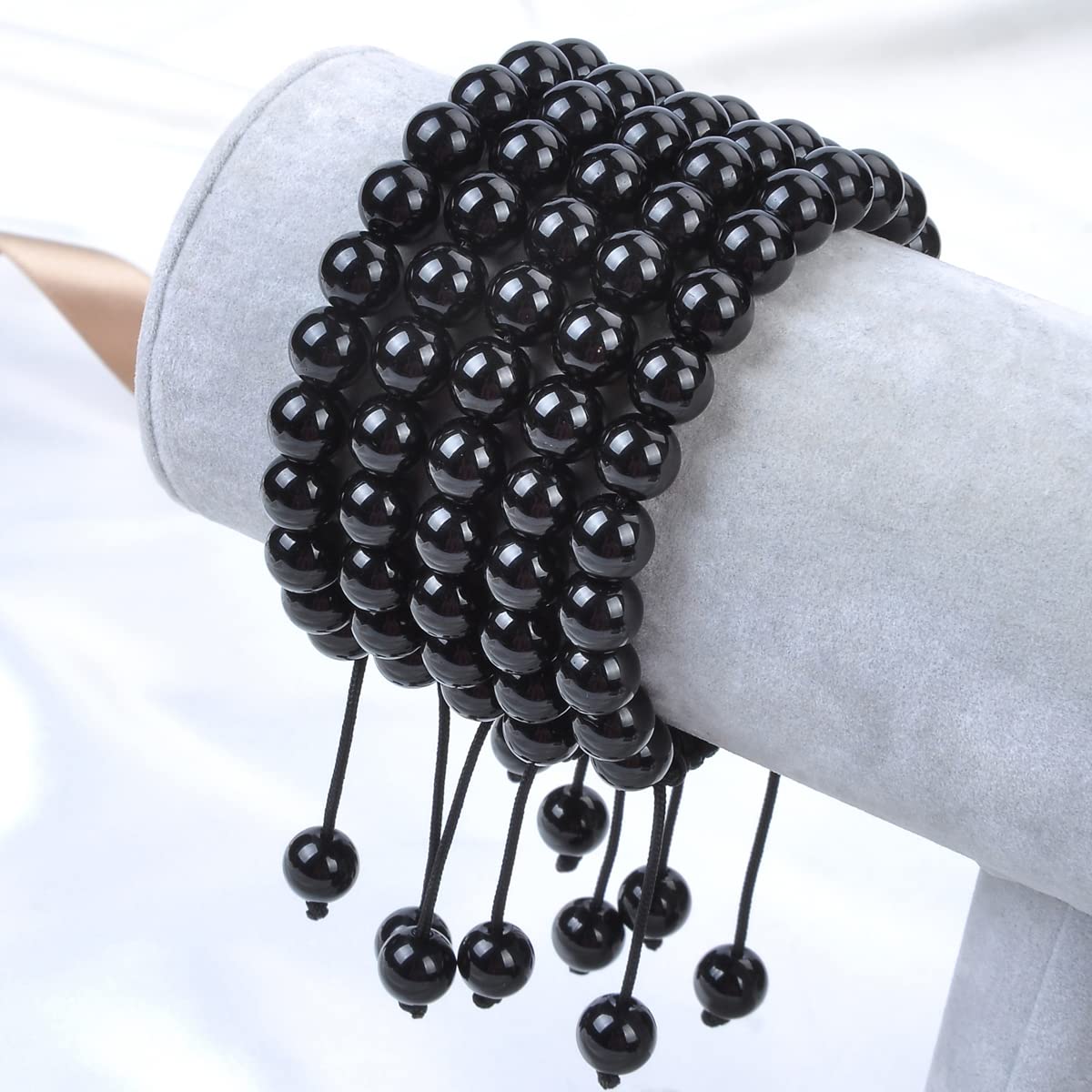 8MM Natural Healing Power Gemstone Crystal Round Beads Unisex Adult Adjustable Macrame Bracelets (Tourmaline Black / 8mm)