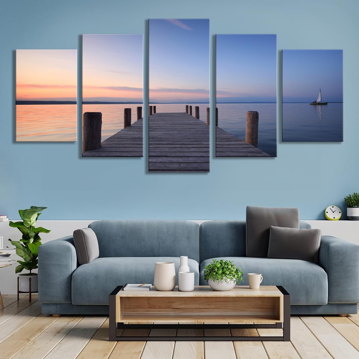 5 parts Bridges over the Sea Large Canvas Prints Wall Art Seascape Pictures Paintings for Bathroom Living Room Home Decorations 3 Panels Modern Gallery Wrapped Ocean Sea Beach Giclee Artwork (16x24inchx2,16x32inchx2,16x40x1 / blue 3)