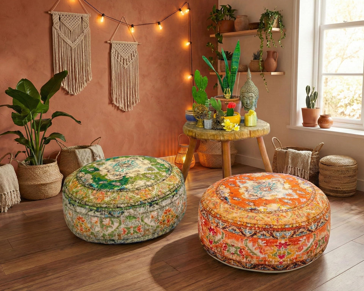 Colorful Pouf Cover Orange Round Orange Floor Pillow Seating Area Stool Boho Room Décor Accent Furniture Cotton 24x8 (24x8 Cover Only / Orange)
