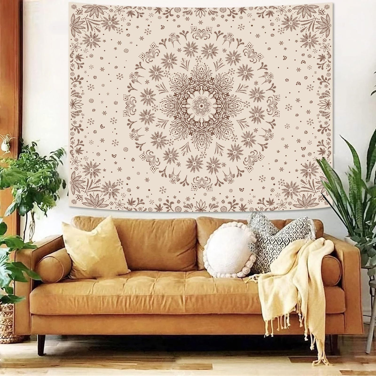 Boho Floral Mandala Tapestry Wall Hanging Bohemian Flower Medallion Tapestry Aesthetic Beige Brown Hippie Indian Small Tapestries for Bedroom Living Room Dorm Decor 40 x 30 Inch (Brown / 40"L x 30"W)