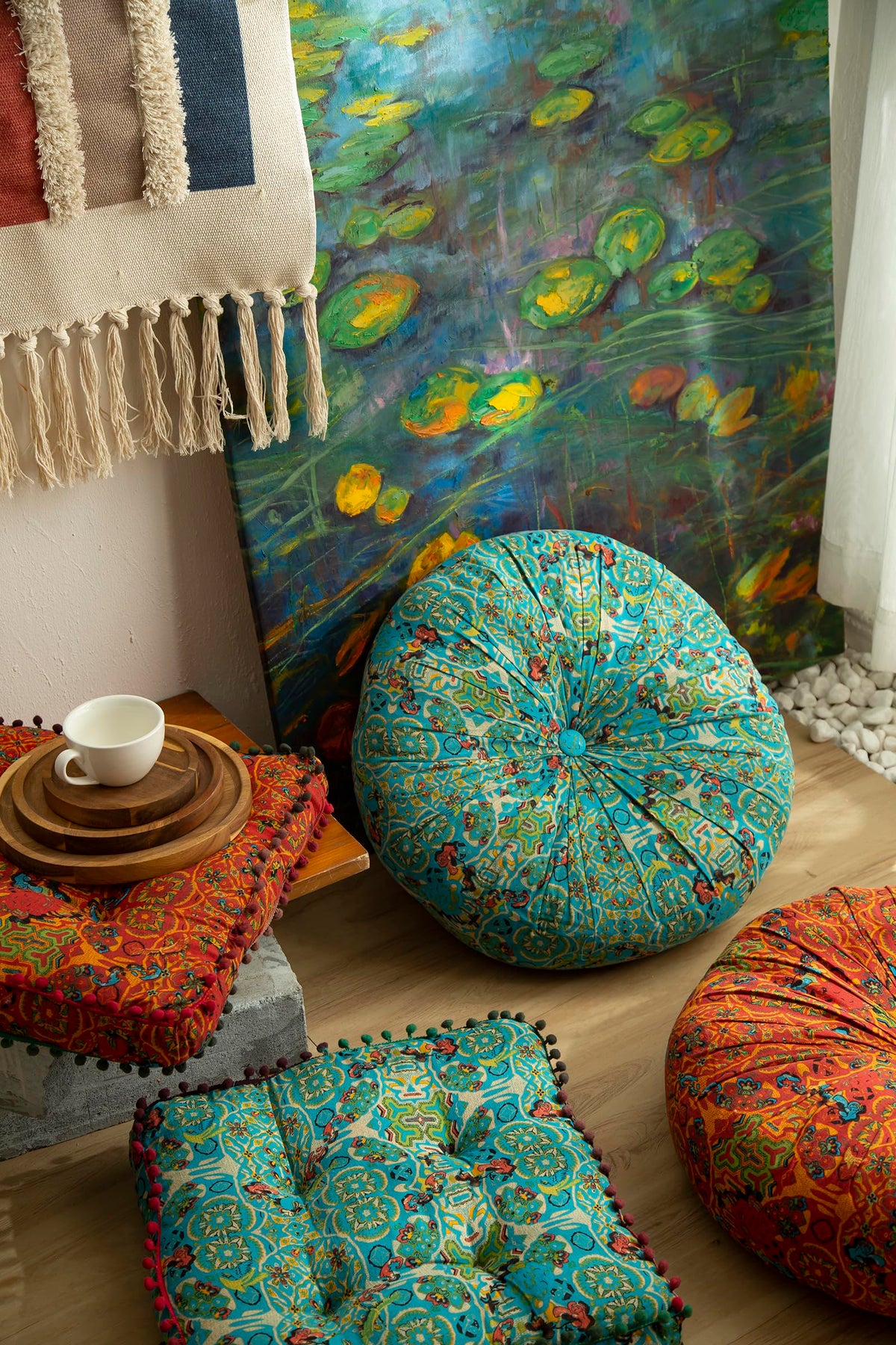 Moroccan Printed Square Chair Pads Cotton Linen Soft Comfort Chair Cushion Colorful Pompom Seat Cushions for Indoor Dining Room and Kitchen Chairs (16x16 Inch / Blue)