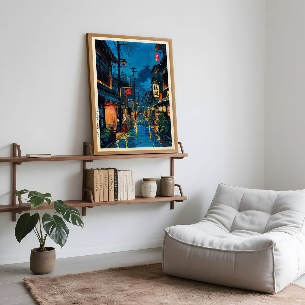 Japanese Tokyo Tea House Wall Art Poster Kyoto Night Street Art Canvas Print Retro Japan Illustration Wall Decor Vintage Urban Street Scene for Bedroom Living Room Aesthetic 16x24inch Wood Frame (16"L x 24"W / style-1 Wood Frame)
