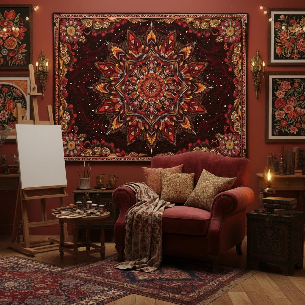 Mandala Floral Tapestry Wall Hanging Boho Red Orange Tapestry Aesthetic Hippie Vintage Bohemian Flower Indian Cute Small Tapestries for Bedroom Living Room Dorm Decor 48 x 36 Inch (Bohemian / Red Orange / 48"L x 36"W)