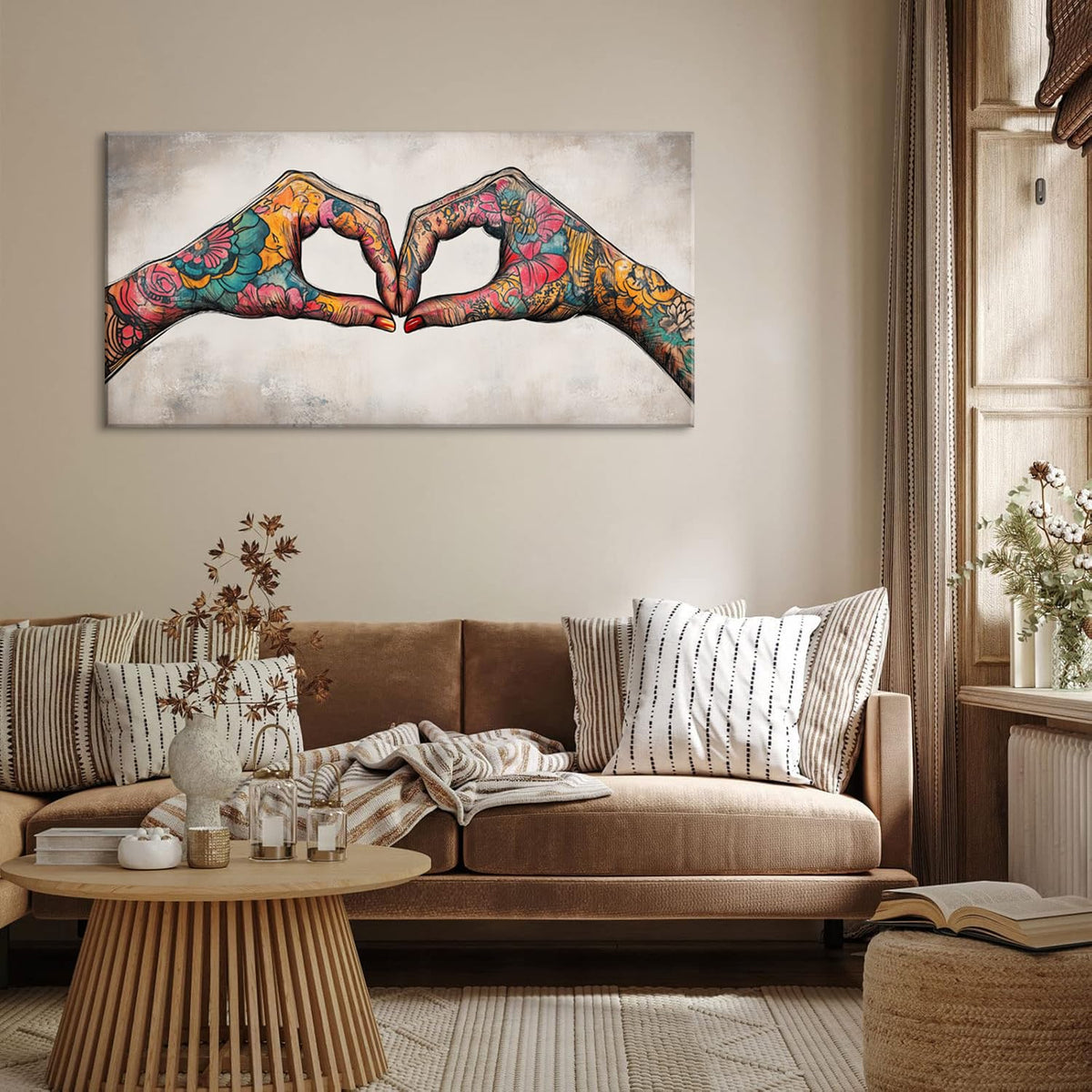 Colorful Two Tattooed Hands Heart Shape Wall Art for Living Room Office Romantic Gesture Contemporary Painting Prints Modern Canvas Artwork Dining Bedroom Decor Extra Large (Contemporary / Colorful TwoTattooed Hands Wall Art / 58"L x 28"W)