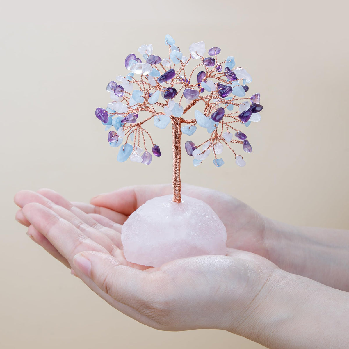 7 Chakra Healing Crystals Stones Tree of Life (Rose Quartz & Amethyst & Aquamarine_stone Pedestal)