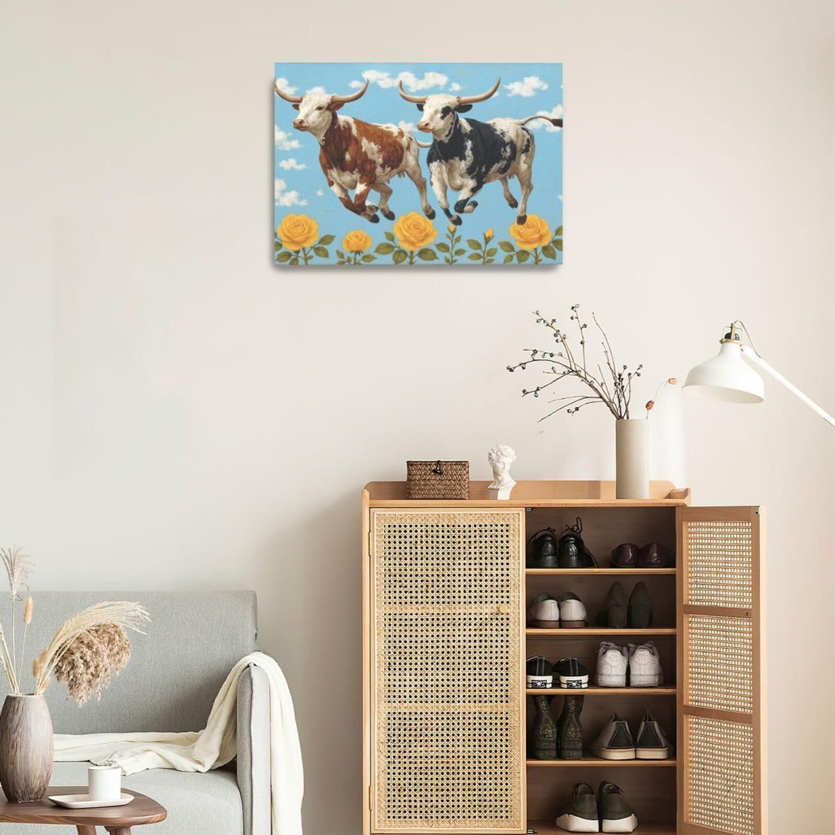 Longhorn Wall Decor Funny Cow Canvas Wall Art Cute Cattle Pictures Painting Artwork Framed Decoration for Bedroom Bathroom Living Room Kitchen Dining Room Office 16"x24" (Longhorn / 24L"×16W")