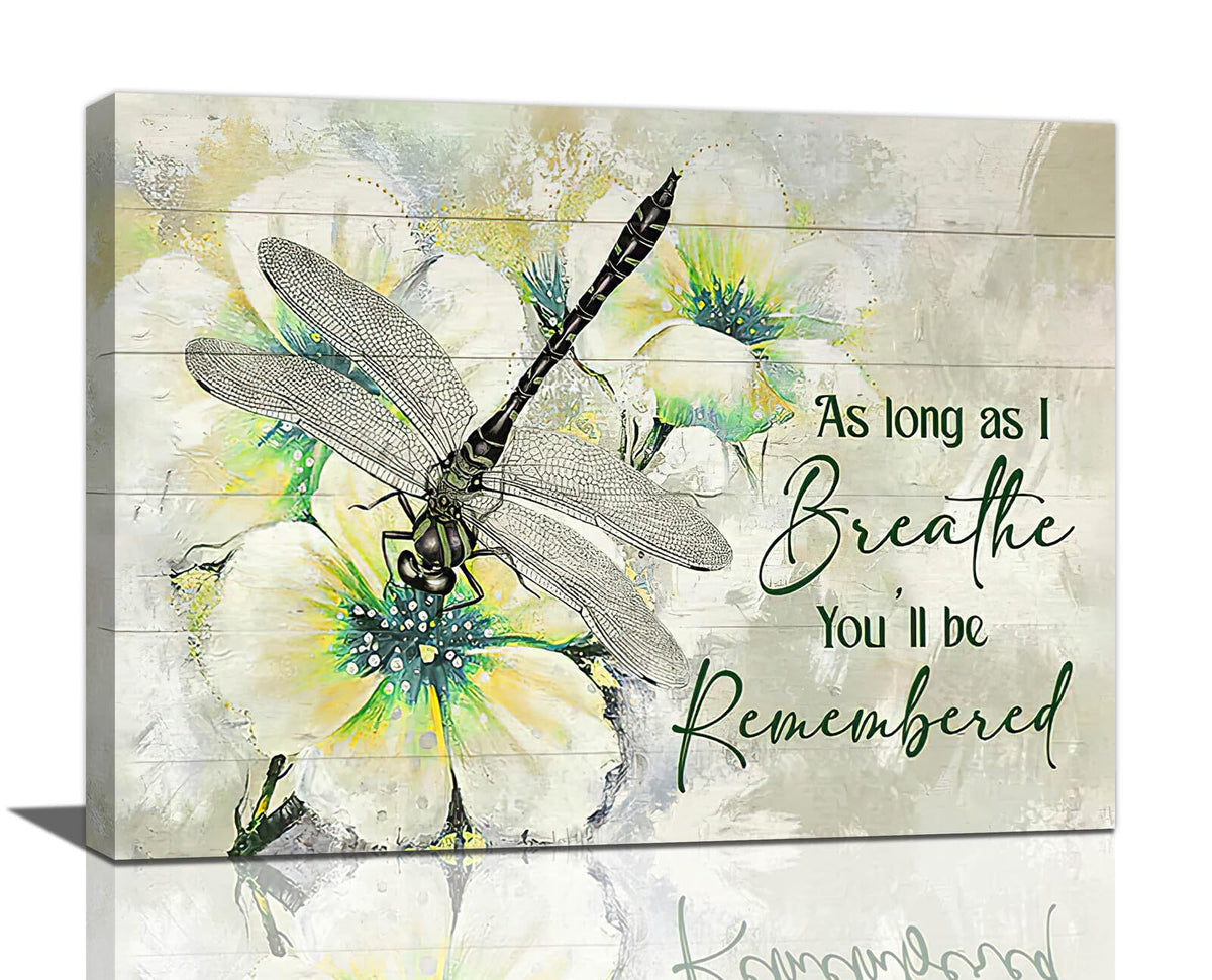 Dragonfly Wall Art As Long As i Breathe Memorial Rustic Pictures Wall Decor Canvas Painting Artwork Framed For Bathroom Bedroom Kitchen 16"x24" (Dragonfly / 24"L x 16"W)