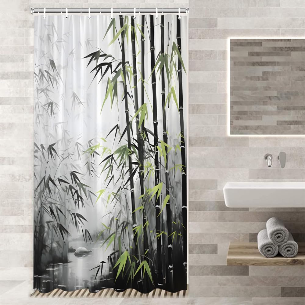 Bamboo Shower Curtain Retro Bamboo Forest Green Grey Leaf River Vintage Asian Japanese Ink Painting Spa Fabric Bathroom Decor Curtains with Hooks (Green Black / 47"W x 70"L (Pack of 1))