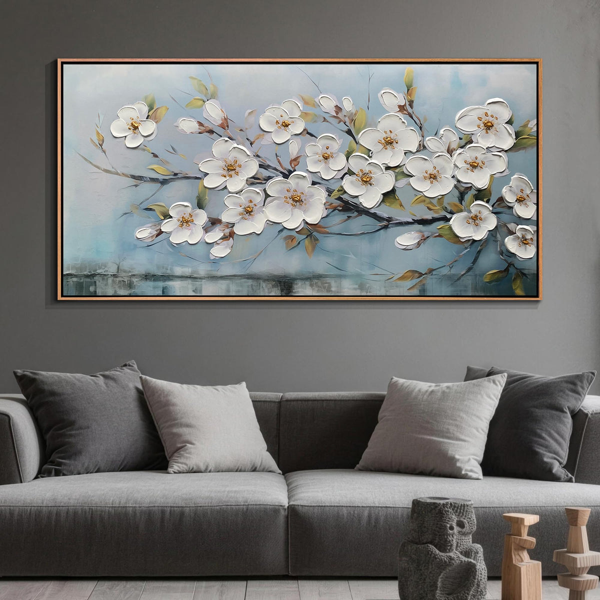 Framed Large Textured Canvas Wall Art for Living Room (White Flowers / Wood Framed / 58.1"L x 29.1"W)