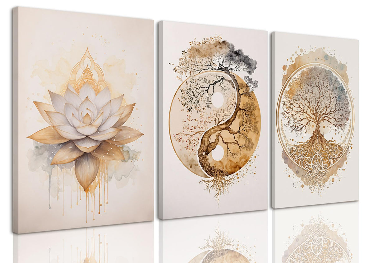 3 Piece 3 Piece Tree of Life Wall Art Zen Wall Decor Yoga Room Canvas Art Modern Gold Lotus Flower Pictures Spiritual Meditation Paintings Spa Artwork For Living Room Bathroom (Lotus Gold / 12x16in)