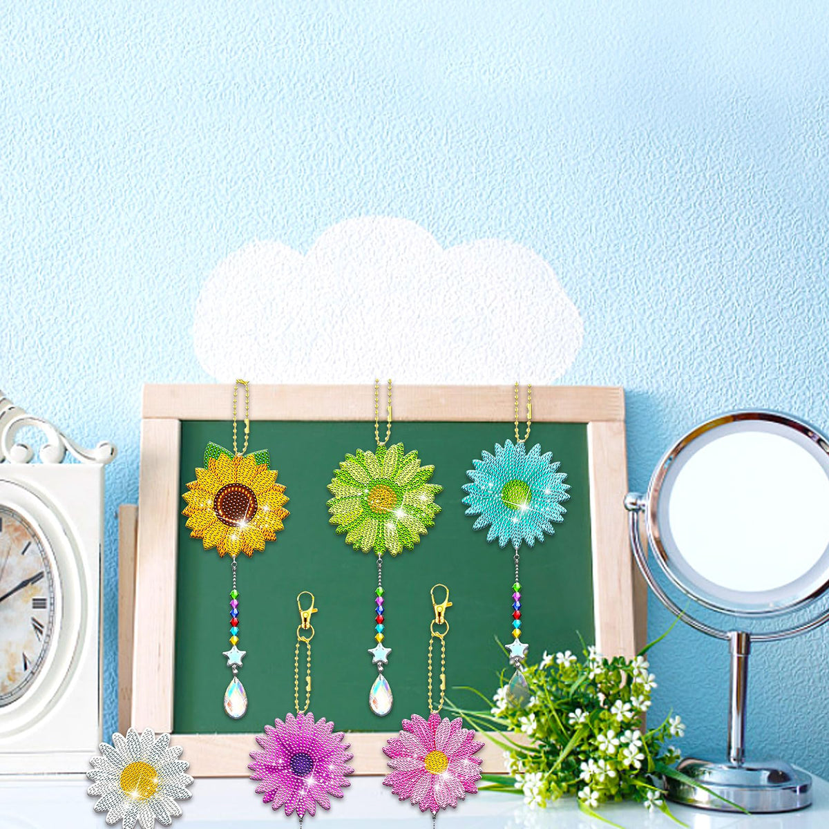 6 Pcs Daisy Diamonds Painting Wind Chimes Suncatcher Double Sided Flower Rhinestone Painting Wind Chime 5D DIY Crystal Diamond Painting Kits Paint by Number Hanging Ornaments Mom Gifts (Flower Daisy)
