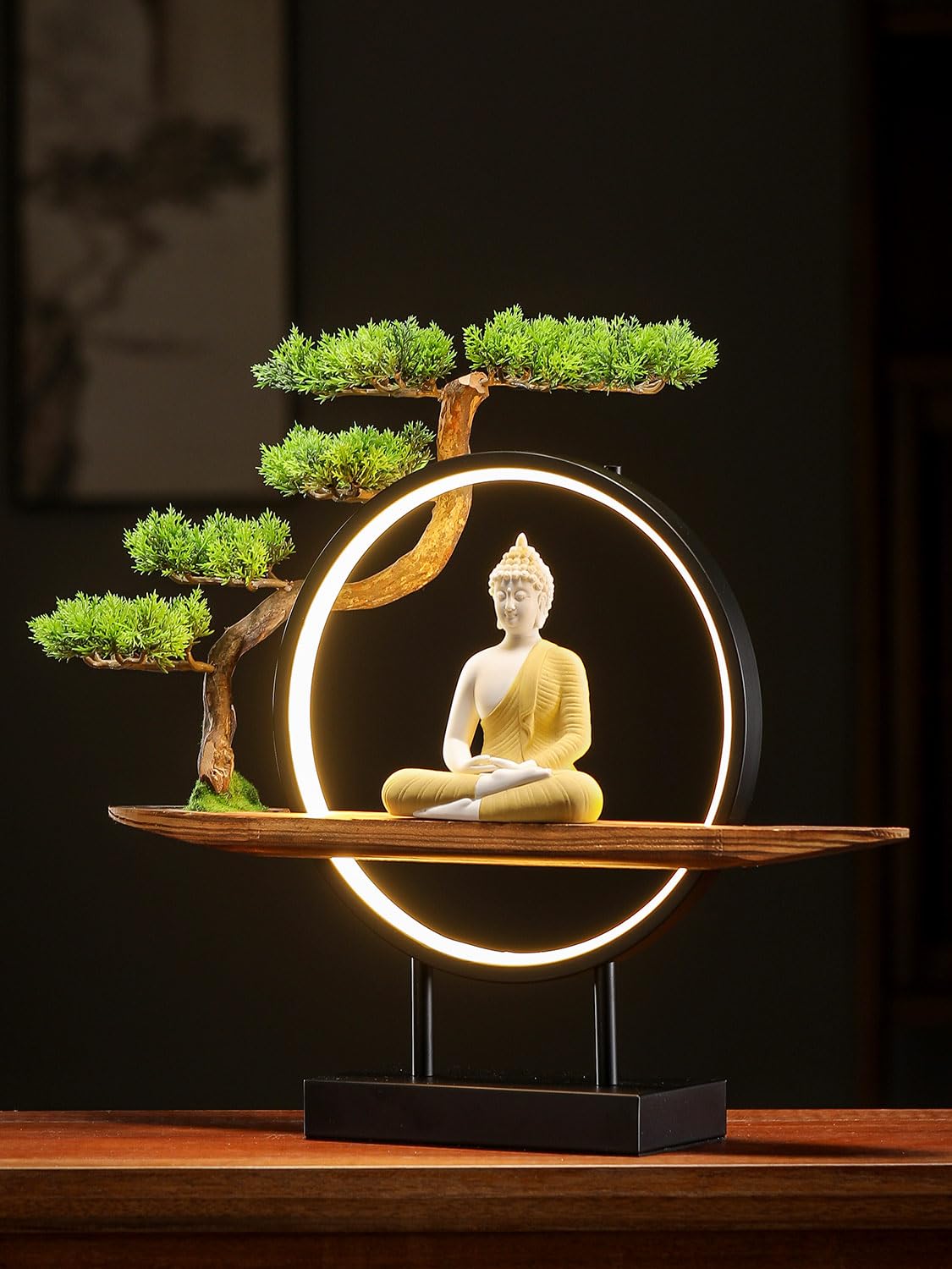 Buddha Statue Indoor with LED Circle Light and Green Artificial Tree (Yellow)