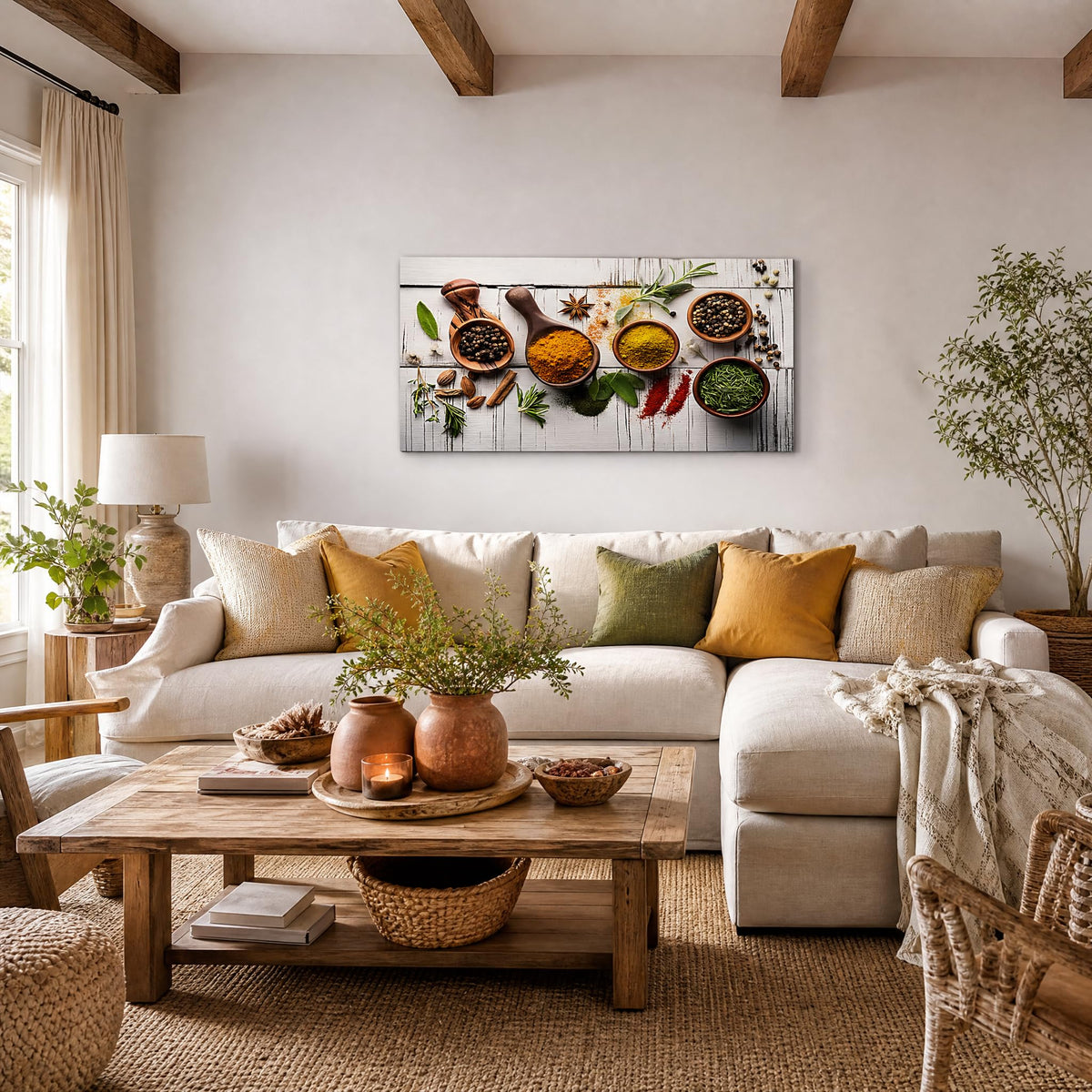 Vintage Culinary Spices Canvas Wall Art Turmeric Curry Herbs Painting Flat Print Gallery Wrapped Artwork for Living Room Bedroom Bathroom Decor (Retro / White Spice Arrangement 15 / 40"L x 20"W)