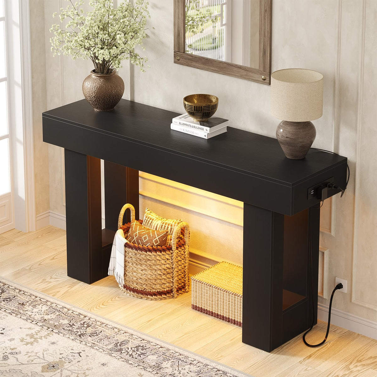 47" Entryway Table with Sensor Light & AC Outlets with USB (Black / 47IN)