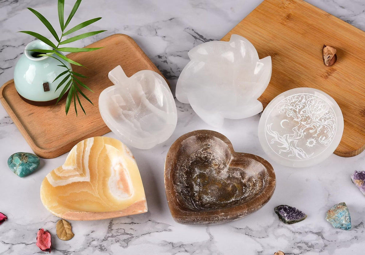 Natural Selenite Charging Bowl with Tree of Life Engraving 3.5 (Round Tree of Life 3.5-4 inches)