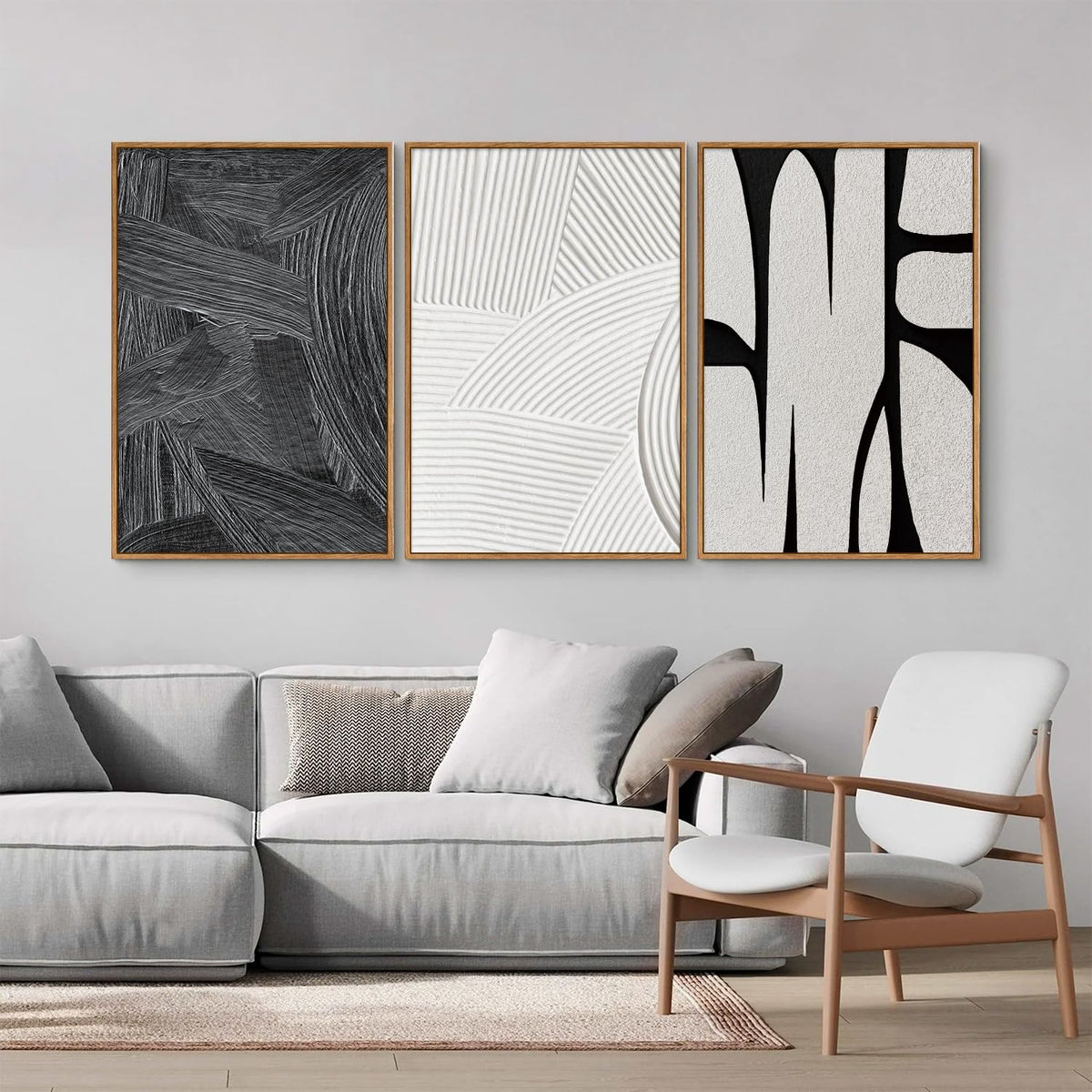 Black and White Framed Canvas Wall Art Set (Geometric Brushstroke / 24"L x 16"W)