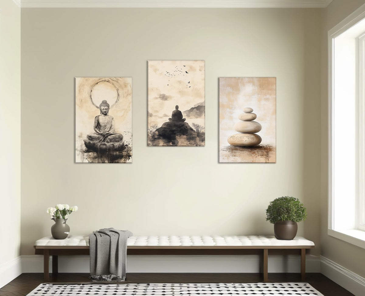 Large Zen Canvas Wall Art 3Pcs Buddha Picture Spa Stones Painting Vintage Prints Meditation Spiritual Artwork for Living Room Yoga Room Bathroom Home Decor Framed (Zen-7 / 24.00"x36.00"x3P)
