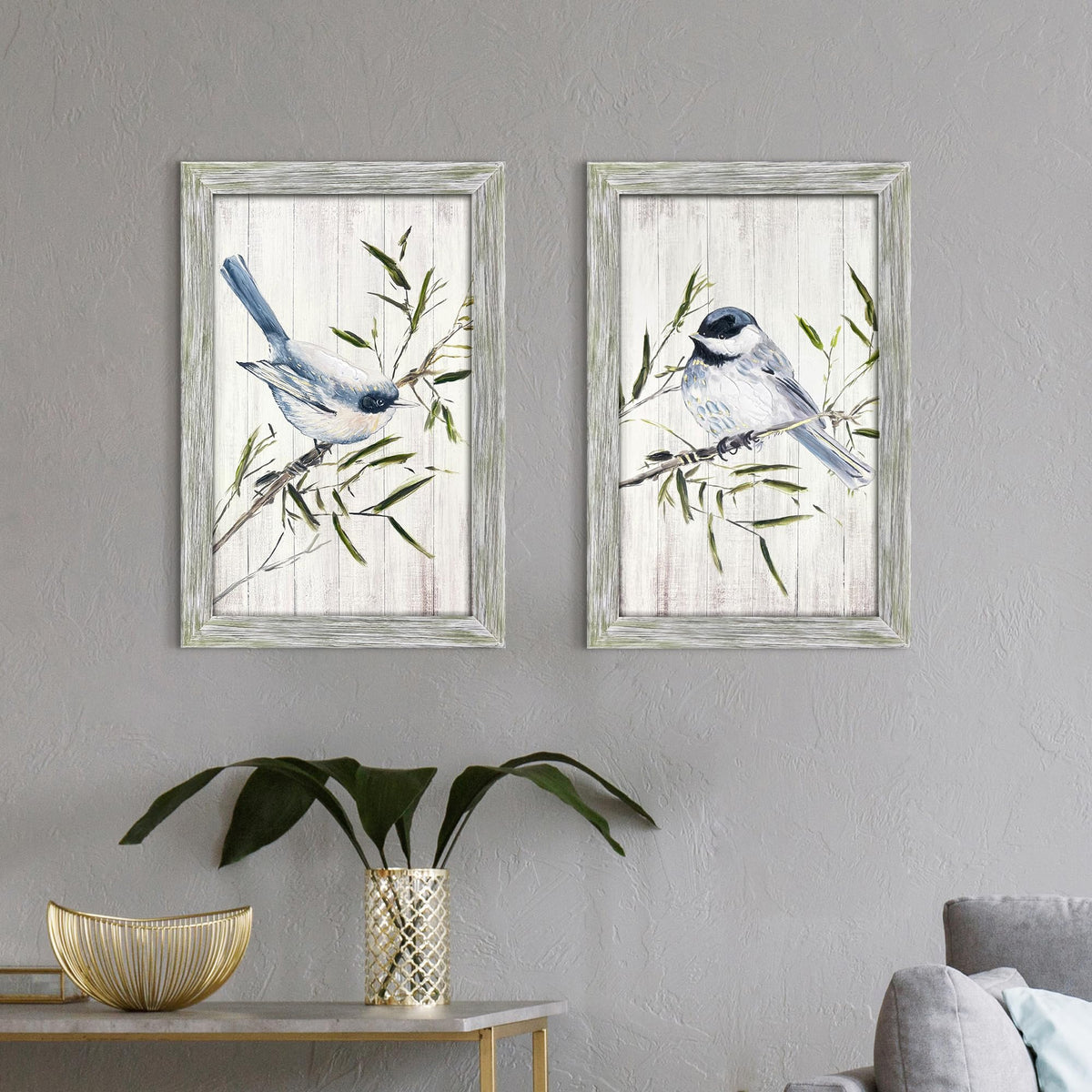 Rustic Zen bird Wooden Framed Wall Art 11x16Inchx2PCS (blue&green / 11L" x 16W")
