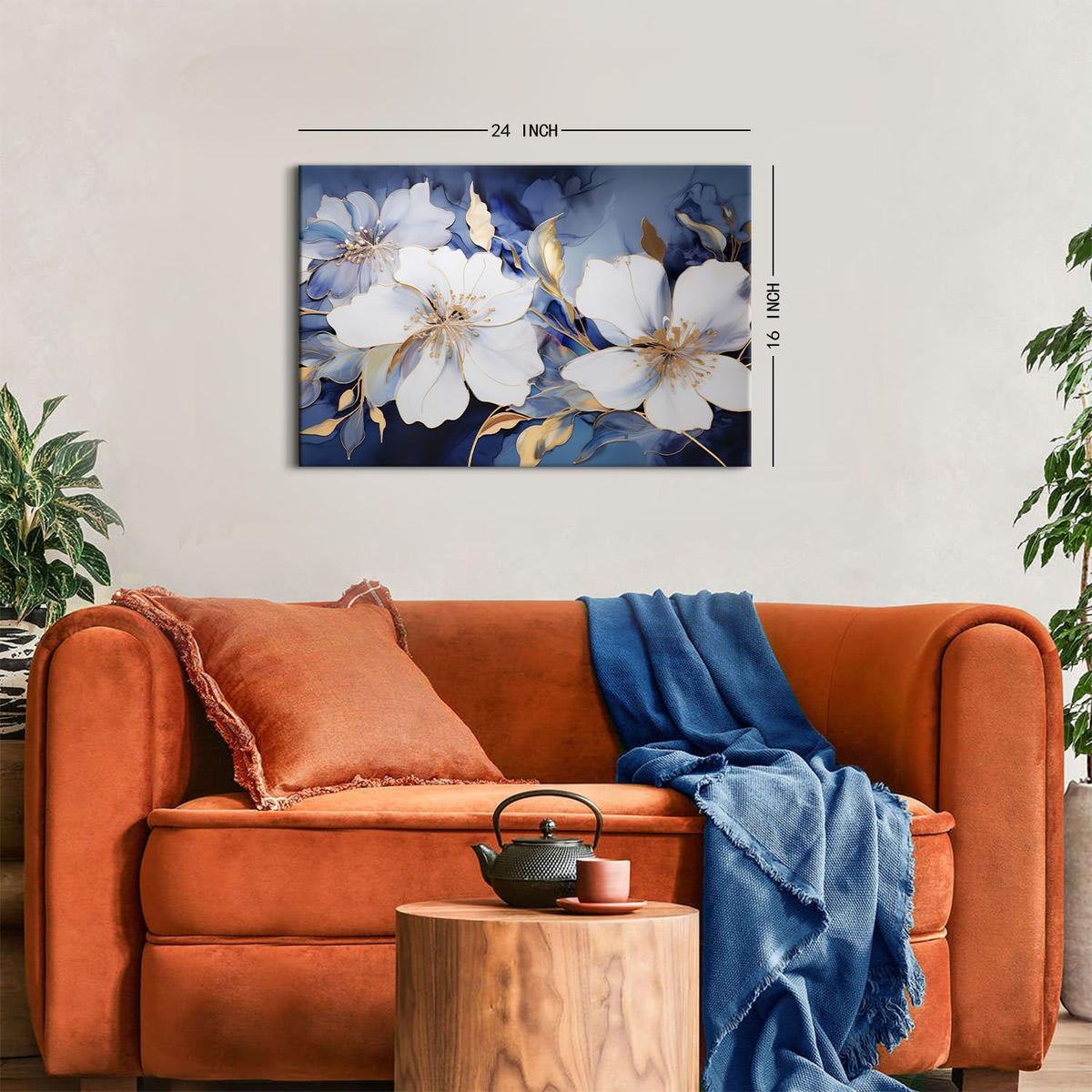 Abstract Flower Canvas Wall Art Blue and Gold Wall Decor Modern Marble Floral Picture Canvas Prints for Living Room Bedroom Watercolor Botanical Poster Painting Artwork Framed Home Decorations 16x24 (24"L x 16"W / Abstract Flower)