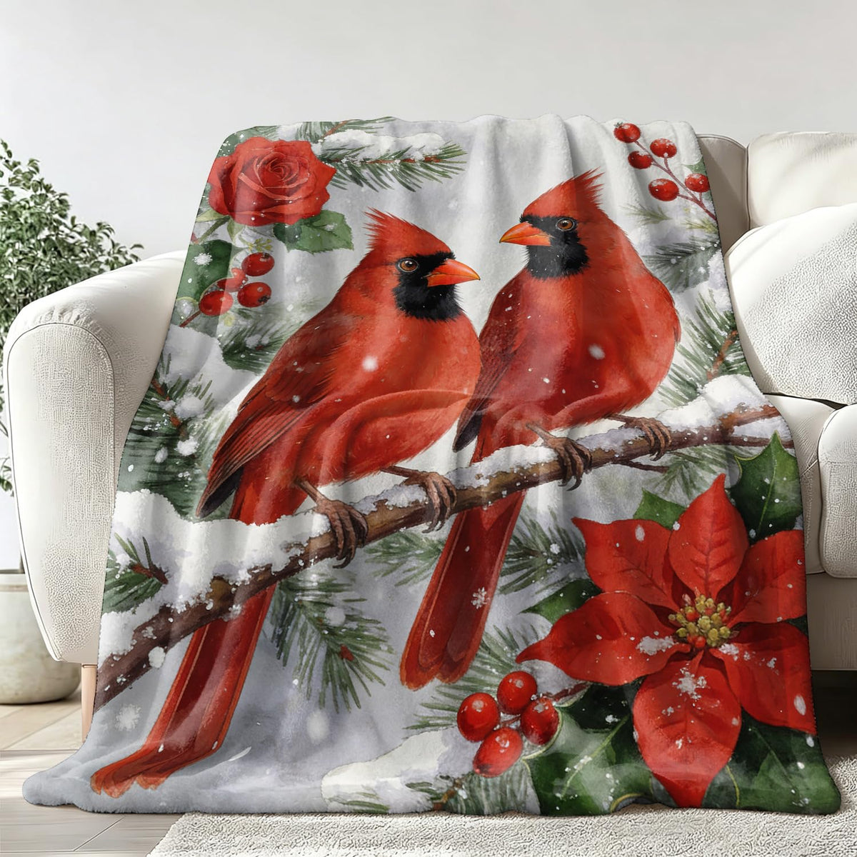 Cardinal Throw Blanket Vintage Christian Red Birds Cozy Flannel 60"X80" (Cardinals / 60"X80")