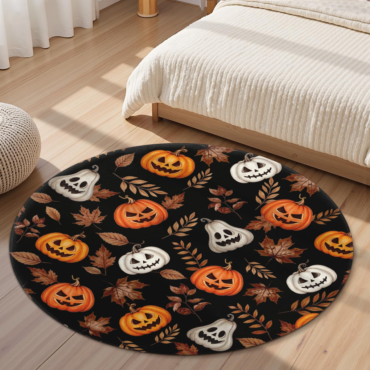 Halloween Round Area Rug 4ft (Spooky-orange White Pumpkin / 4' (Round))
