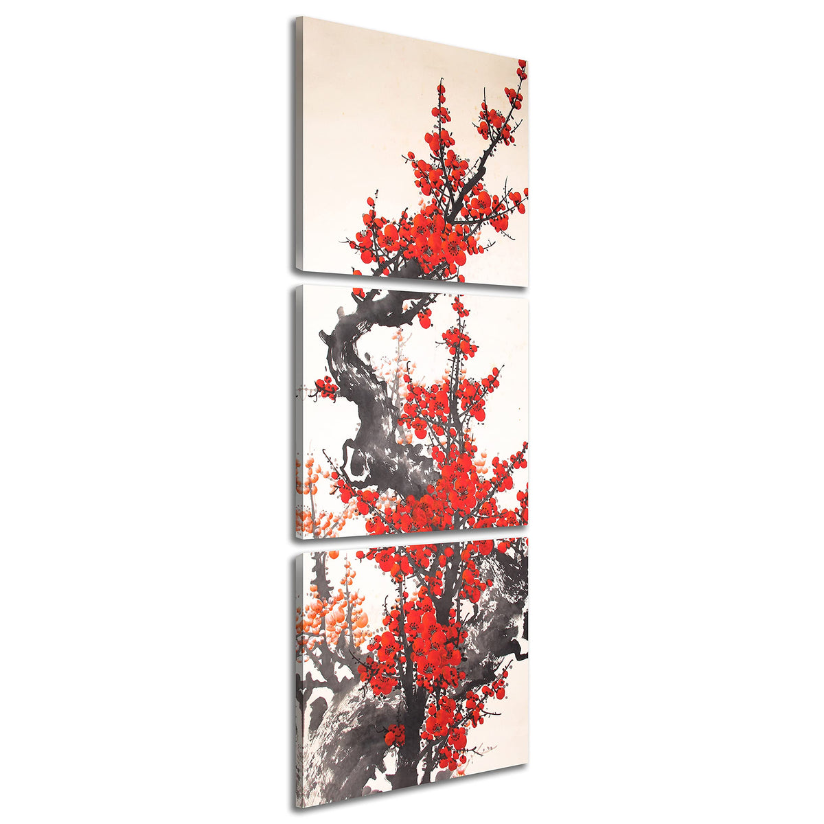 3 Panels Modern Giclee Canvas Prints Small Size Traditional Chinese Painting of Plum Blossom Canvas Prints Wood Framed Red Plum Blossom Wall Art Plum Flowers Print Painting (flower3 / 16x16 inches (3 pieces))