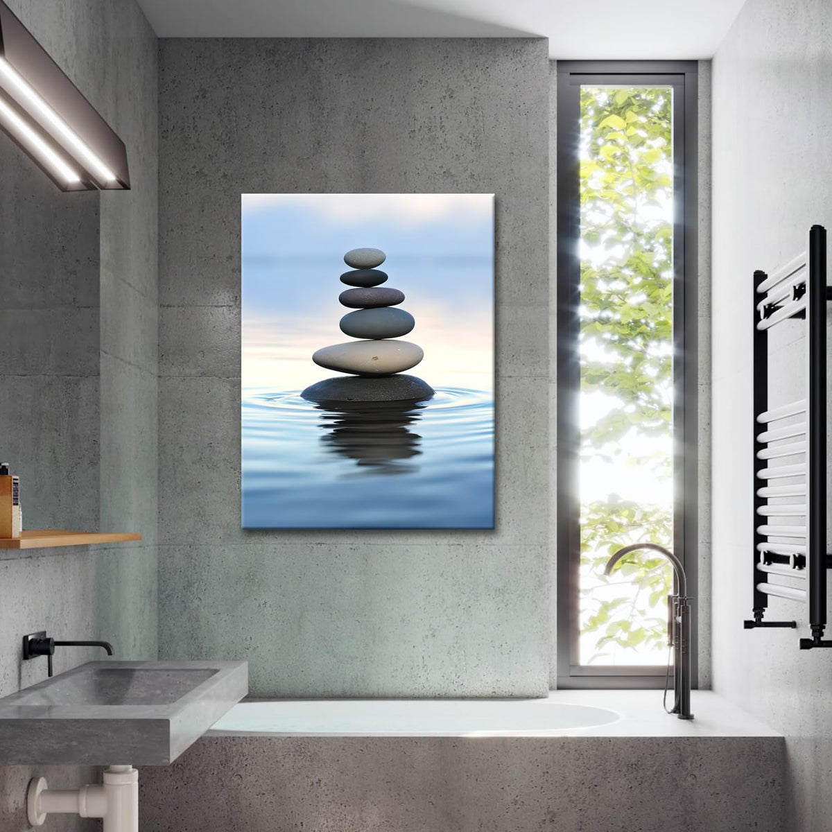 Zen Stones Balance Canvas Wall Art Pebbles Stack in Calm Water Picture Print Artwork Poster for Yoga Meditation Room Bathroom Bedroom Decor (Zen-02 / 36"L x 24"W)
