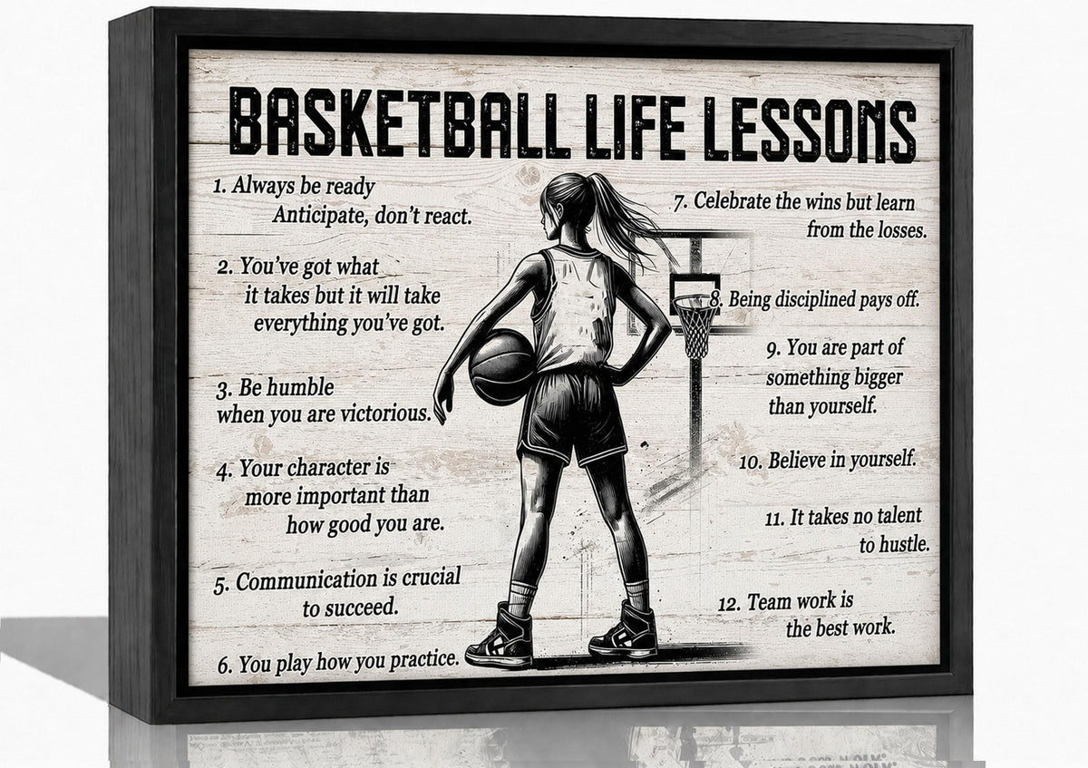 Black Framed Girl Basketball Life Lessons Canvas Wall Art 16x24in (Girl Basketball / 24"L x 16"W)