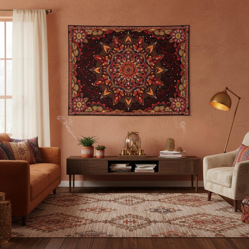 Mandala Floral Tapestry Wall Hanging Boho Red Orange Tapestry Aesthetic Hippie Vintage Bohemian Flower Indian Cute Small Tapestries for Bedroom Living Room Dorm Decor 48 x 36 Inch (Bohemian / Red Orange / 48"L x 36"W)