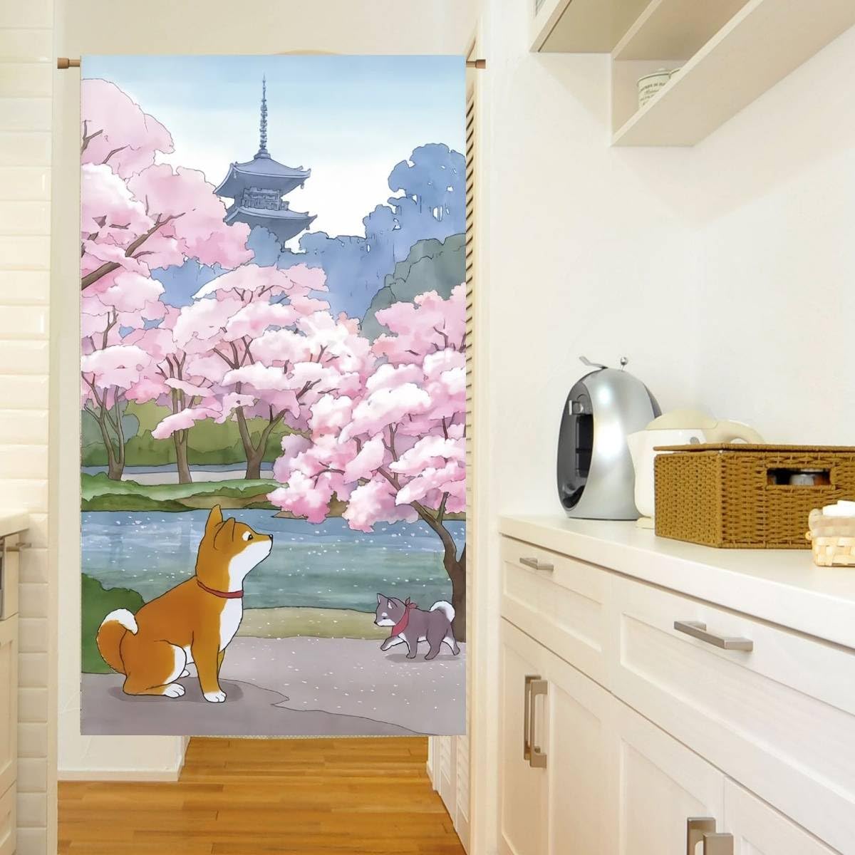 Noren Japanese Doorway Curtain Cherry Blossom Akita Inu Puppy Asian Tapestry Decorations Room Divider Privacy Anime Curtains Oriental Traditional Chinese (Sakura and Akita-dog / 33.5"W x 59"L (Pack of 1))