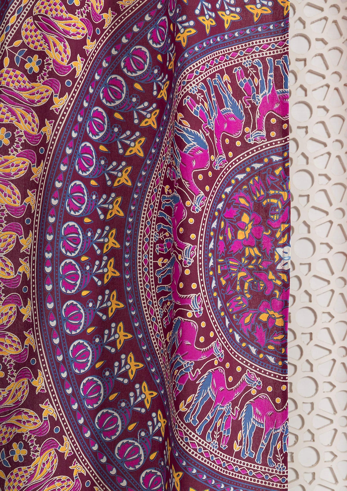 Indian Hippie Bohemian Beautiful Elephant Maroon Color Mandala Curtain Panels (25"W x 74"L (Pack of 2) / Maroon Pink)