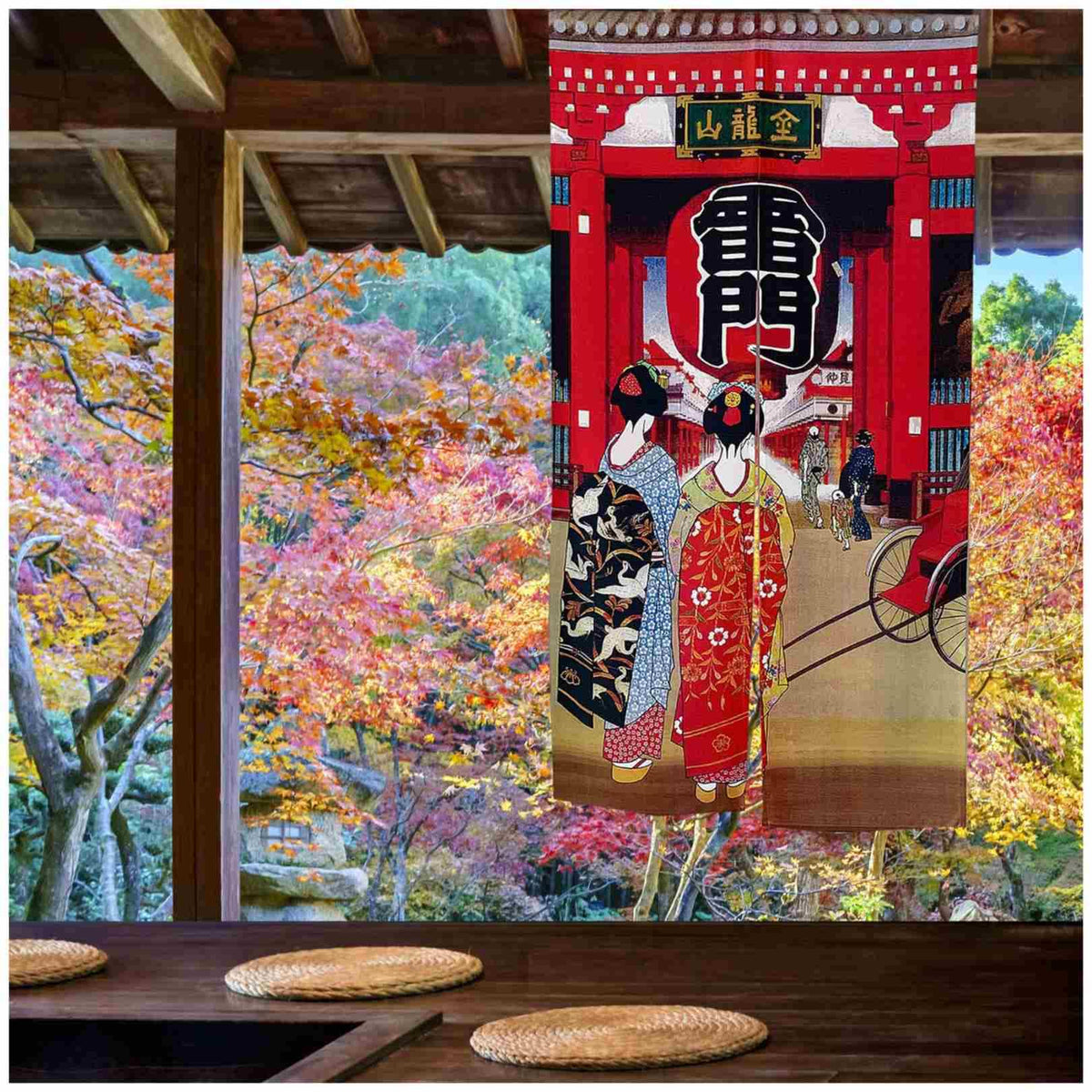 Noren Japanese Doorway Curtain Tapestry Decorations Room Divider Curtain Privacy Anime Curtains (Kaminarimon Gate・geisha / 33.5"W x 59"L (Pack of 1))