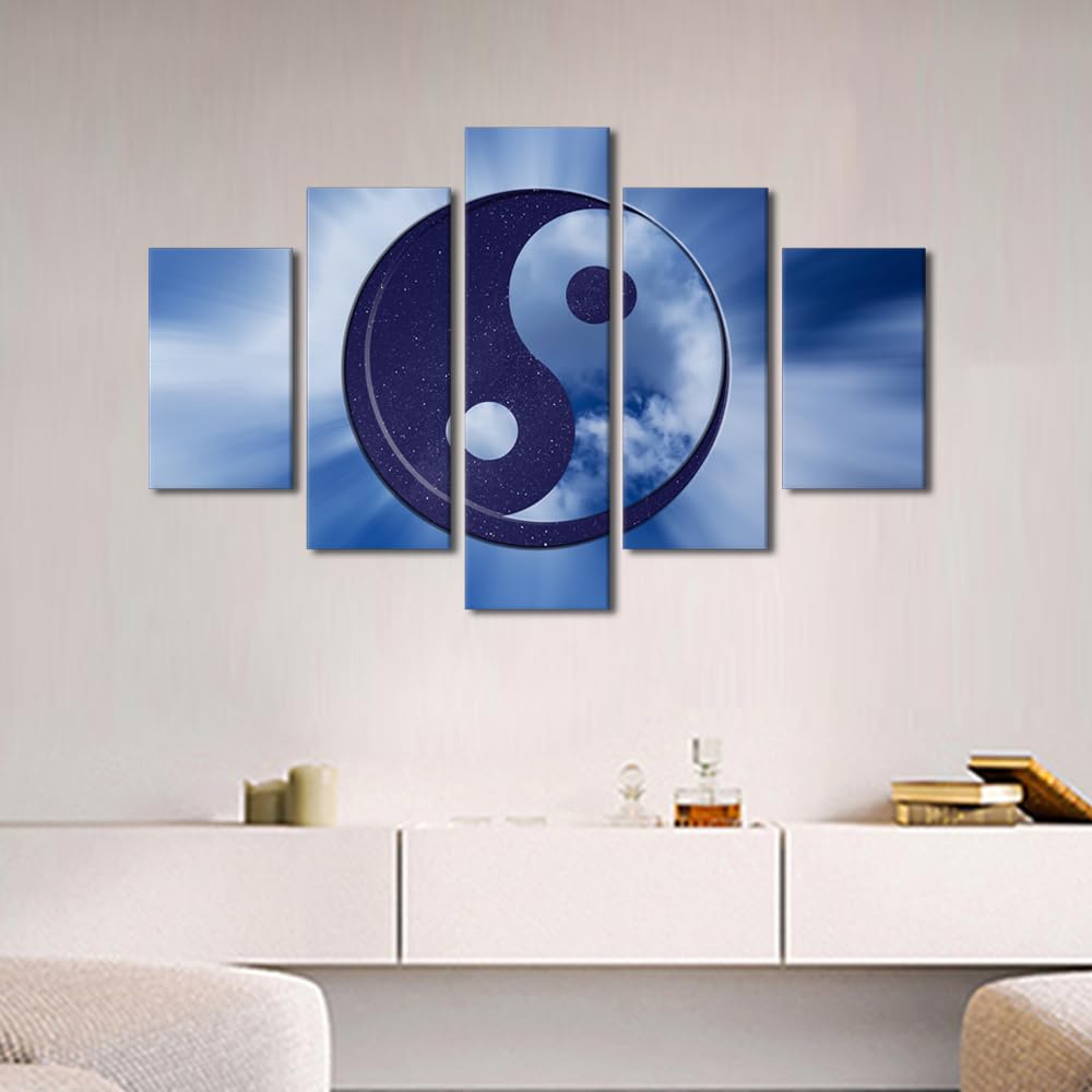 Canvas Wall Art Oversized Yin Yang With Celestial Day Night Design Stretched Framed Painting Five Piece Set Meditation Room Decor Harmony Art Ready to Hang 60" Wx40 H (60''Wx40''H / Artwork-12)