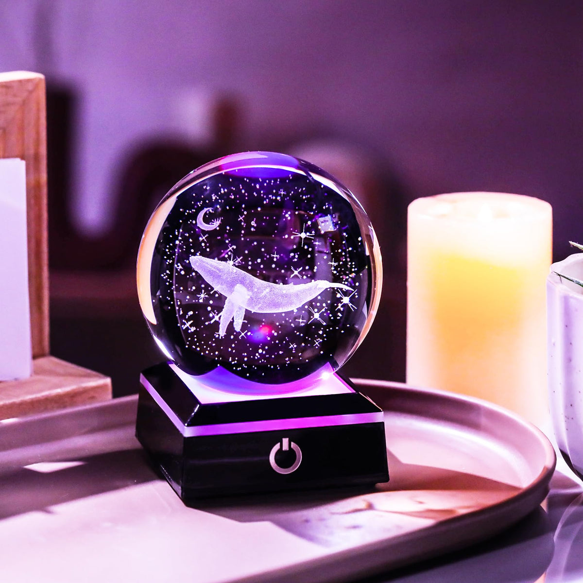 80mm 3D Engraved Whale Crystal Ball with LED Base (Whale)