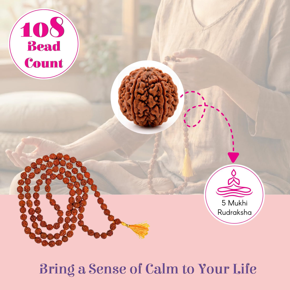 Certified 108 + 1 Beads 5 Face Panchmukhi Rudraksha Kantha Mala with Gaumukhi Japa Bag (108 Beads / 5mm-6mm)