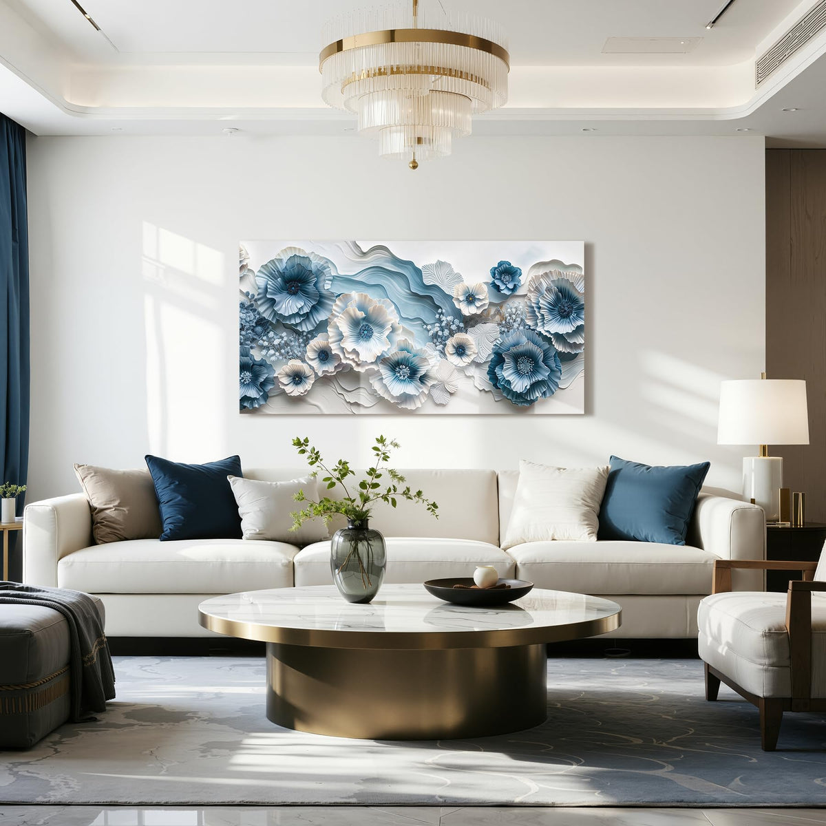 Modern Floral Large Wall Art Flower Nature Decor Blue and White (Blue and White Floral / 40"L x 20"W)