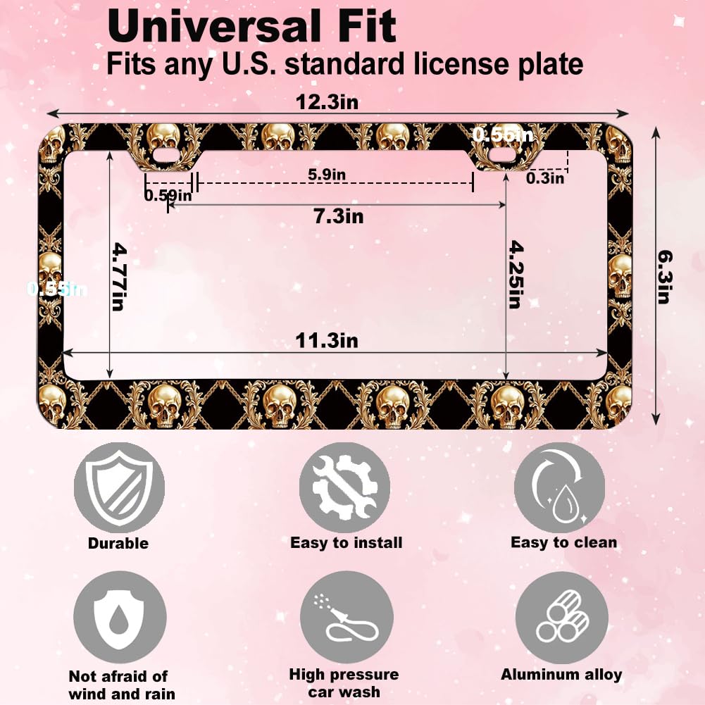 Gold Skull Baroque License Plate Frame for Women 1Pc Car Tag (for Gold Skull 1 / 1 pack)