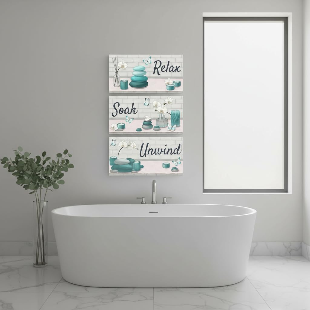 Teal Bathroom Wall Art Zen Pictures Canvas Painting for Zen Meditation Room Wall Decor Framed 8"x16" for Each (Teal)