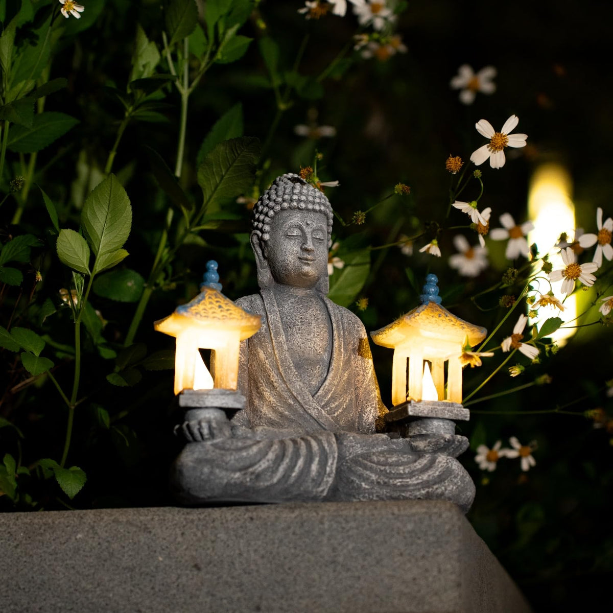 Meditating Buddha Statue with Solar Lights (Two Pavilions)